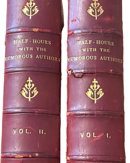 Antique 1800s Red Leather books Half Hours Humourous Authors Vol 1&2 complete
