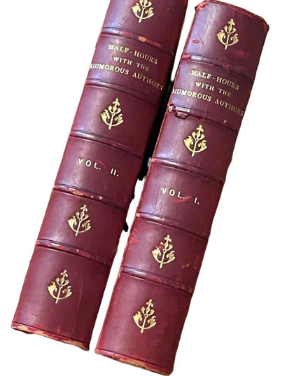 Antique 1800s Red Leather books Half Hours Humourous Authors Vol 1&2 complete