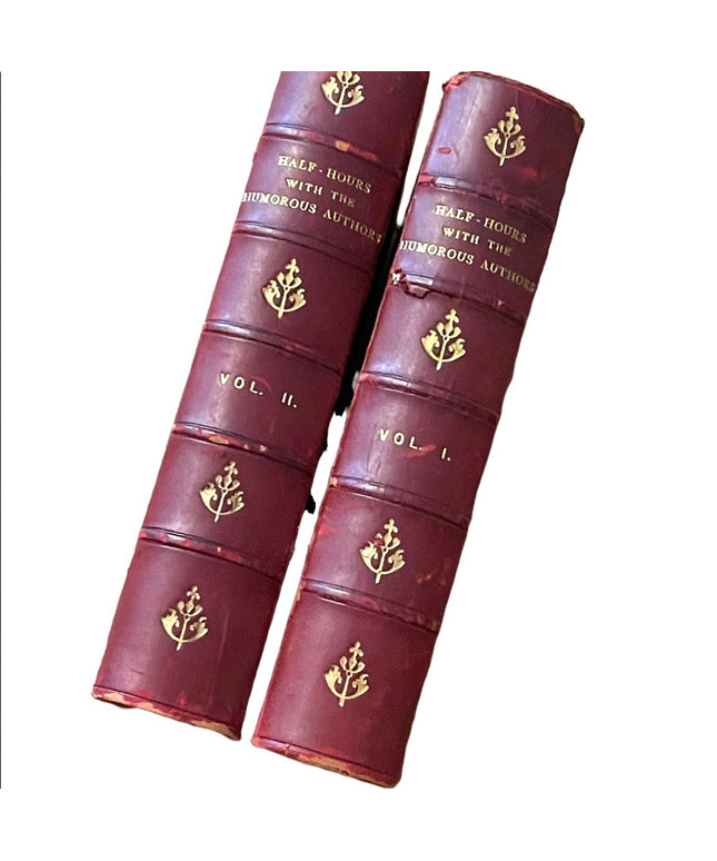 Antique 1800s Red Leather books Half Hours Humourous Authors Vol 1&2 complete