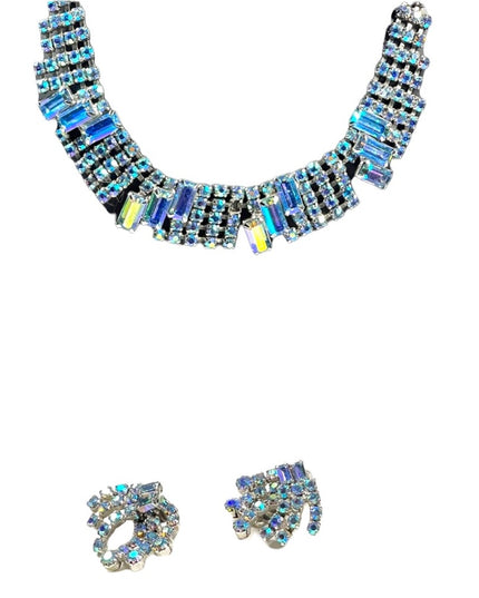 Vintage 1950s Stunning blue AB crystal earrings & necklace set choker fancy