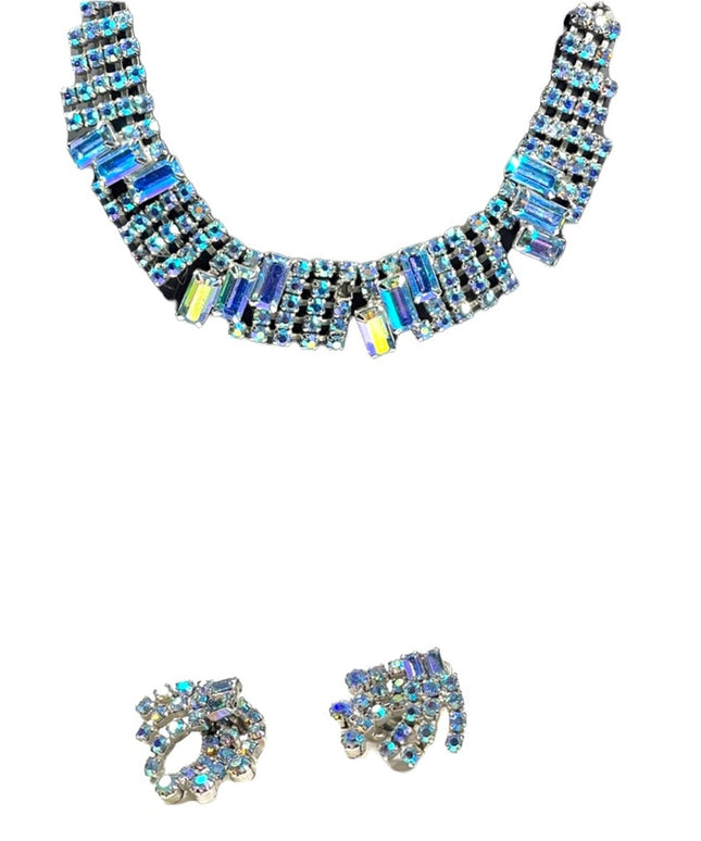 Vintage 1950s Stunning blue AB crystal earrings & necklace set choker fancy