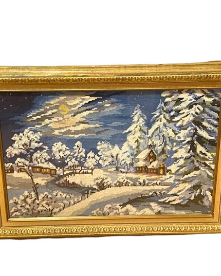 Vintage gold gilt  heavy framed needlepoint winter snow scene picture
