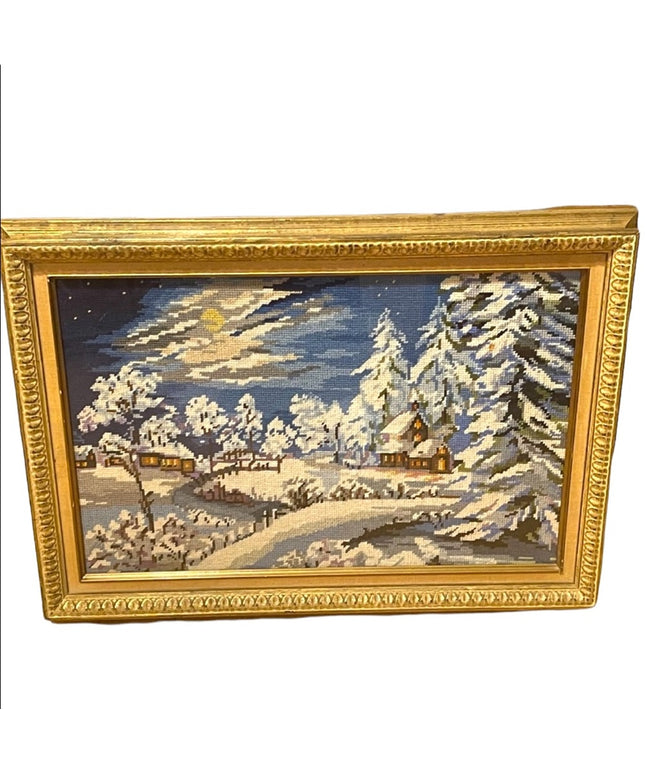 Vintage gold gilt  heavy framed needlepoint winter snow scene picture
