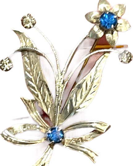 Vintage 1940s Ornate etched sterling silver 925 flower blue crystal brooch