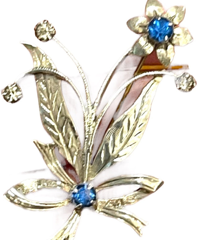 Vintage 1940s Ornate etched sterling silver 925 flower blue crystal brooch