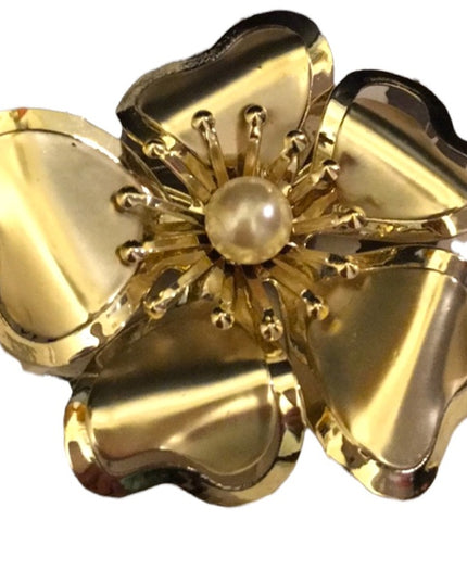 Vintage fancy gold finish pearl large metal flower brooch 1960s