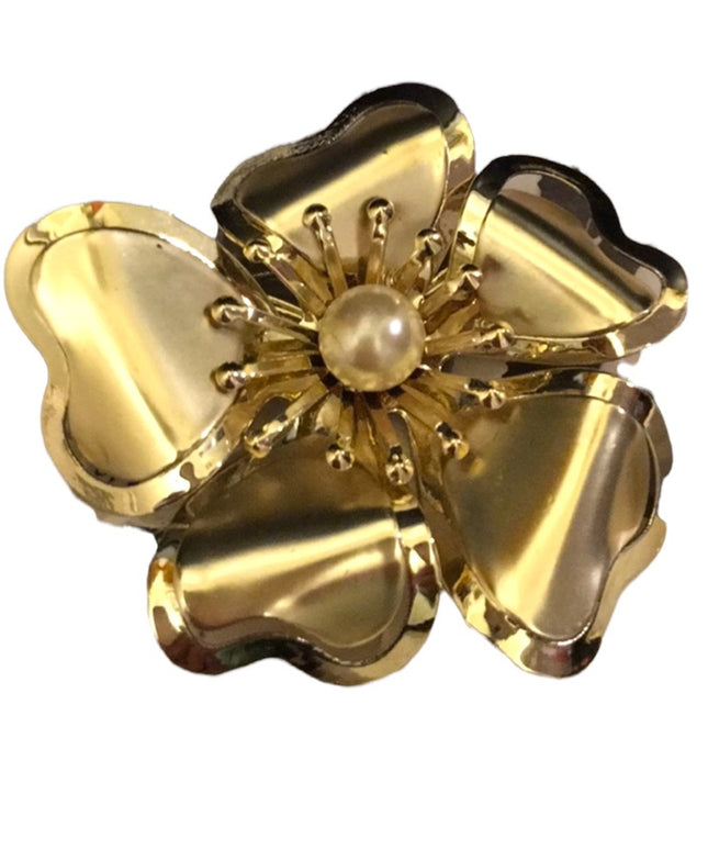 Vintage fancy gold finish pearl large metal flower brooch 1960s