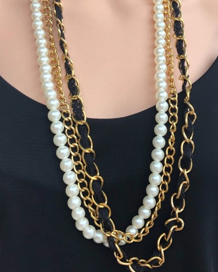 Vintage faux pearl gold multi strand statement necklace