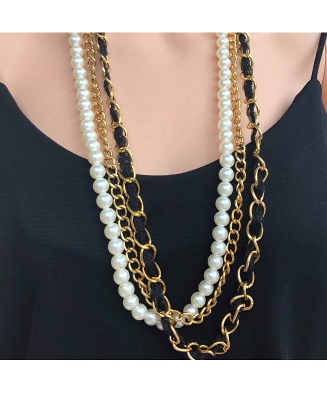 Vintage faux pearl gold multi strand statement necklace