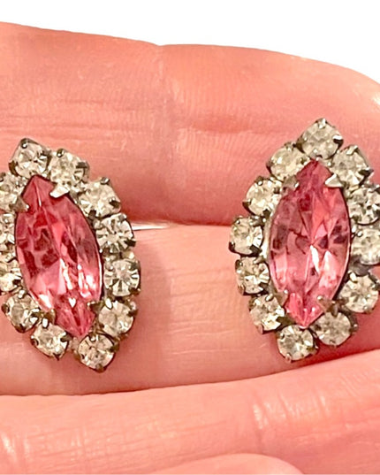 Vintage pink & clear crystal pierced earrings silver finish
