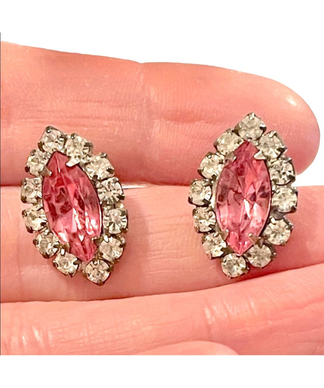 Vintage pink & clear crystal pierced earrings silver finish