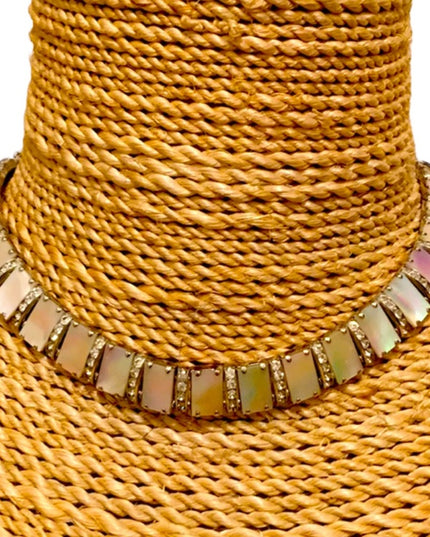 Vintage 1960s Abalone Crystal silver finish choker cleopatra necklace