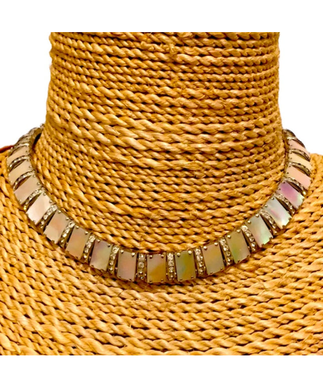 Vintage 1960s Abalone Crystal silver finish choker cleopatra necklace
