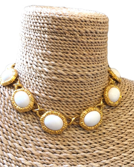 Vintage 1980s Monet choker white glass necklace gold finish chunky