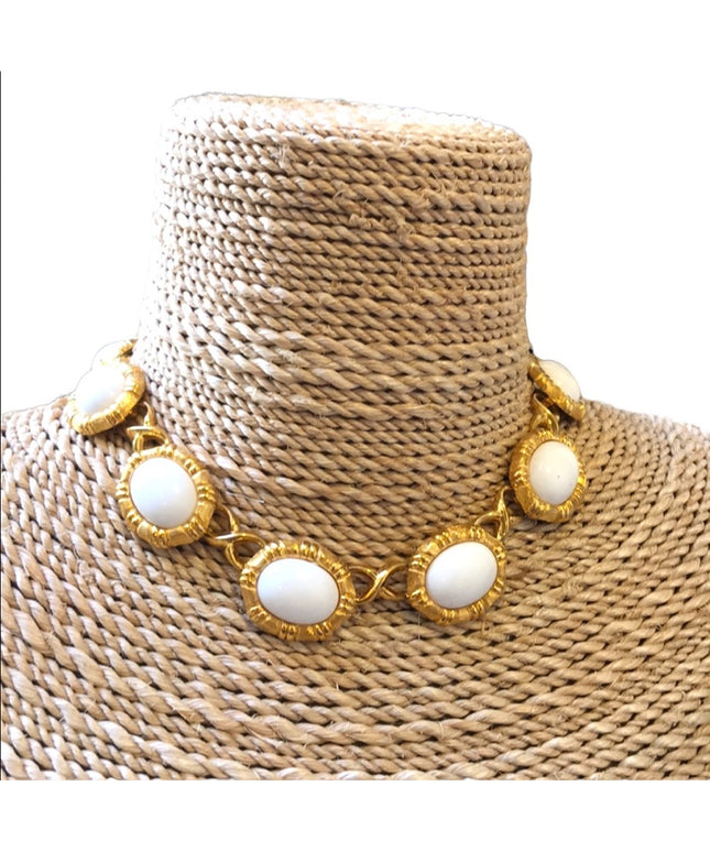 Vintage 1980s Monet choker white glass necklace gold finish chunky