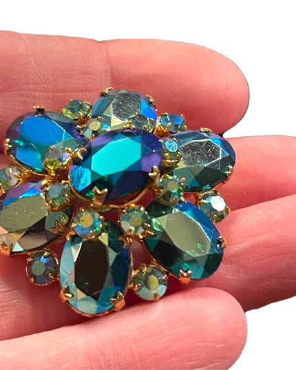 Vintage Blue Green AB Juliana? Gold finish brooch 1960s