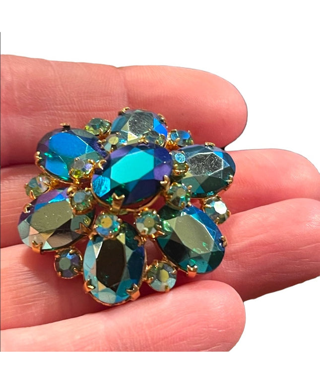 Vintage Blue Green AB Juliana? Gold finish brooch 1960s