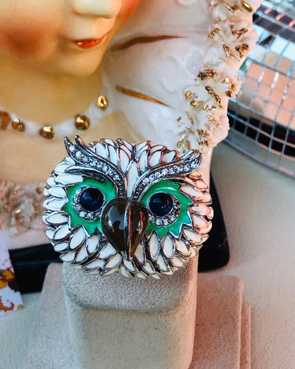Vintage Owl Enamel Sterling silver crystal ring