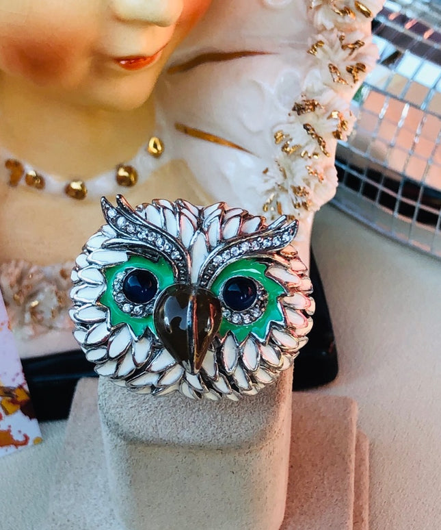 Vintage Owl Enamel Sterling silver crystal ring