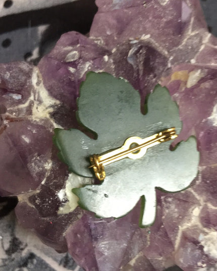 Vintage carved jade maple leaf brooch