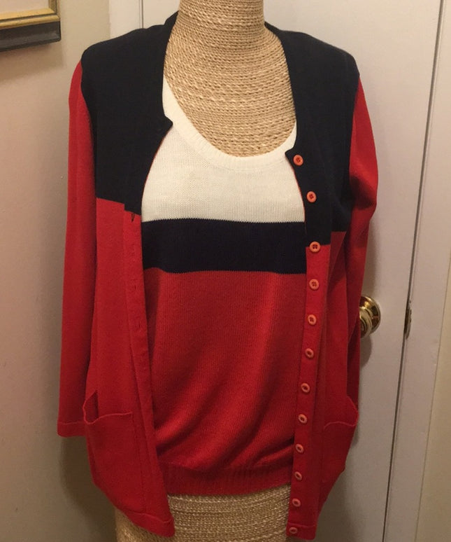 1990s Red white blue 2pc Nautical shell & sweater set Sz M
