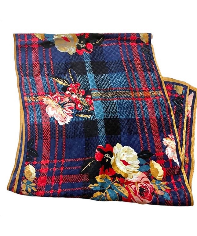Vintage Albert Nipon flower silk scarf  colorful flowers cherries Tartan print