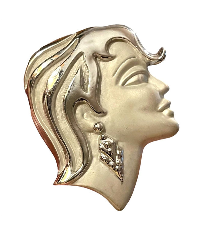 Beautiful vintage woman head fancy brooch silver finish