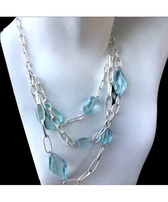 Gay Isber Blue glass & silver tone chunky link necklace