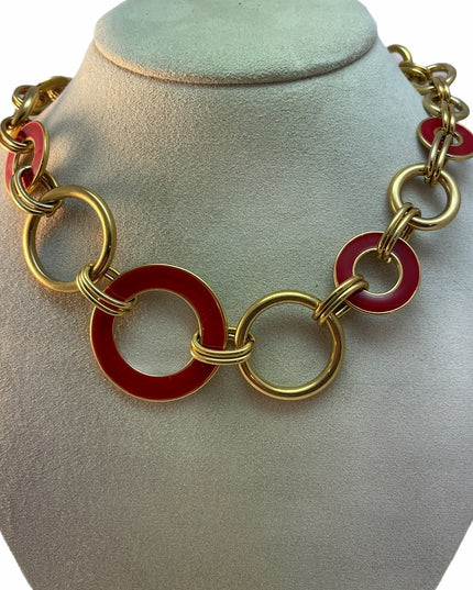 - C1980 Crown Trifari Red enamel gold finish Circle Nautical necklace