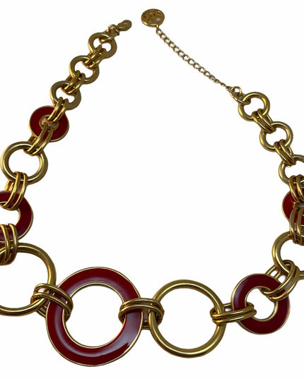 - C1980 Crown Trifari Red enamel gold finish Circle Nautical necklace