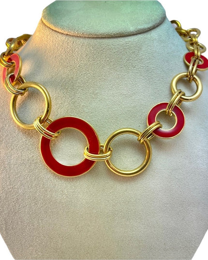 - C1980 Crown Trifari Red enamel gold finish Circle Nautical necklace