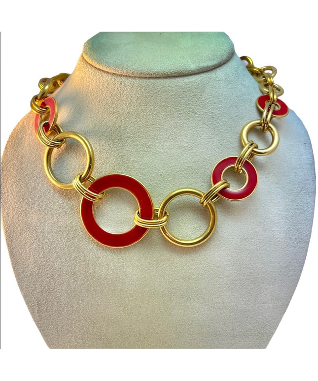 - C1980 Crown Trifari Red enamel gold finish Circle Nautical necklace