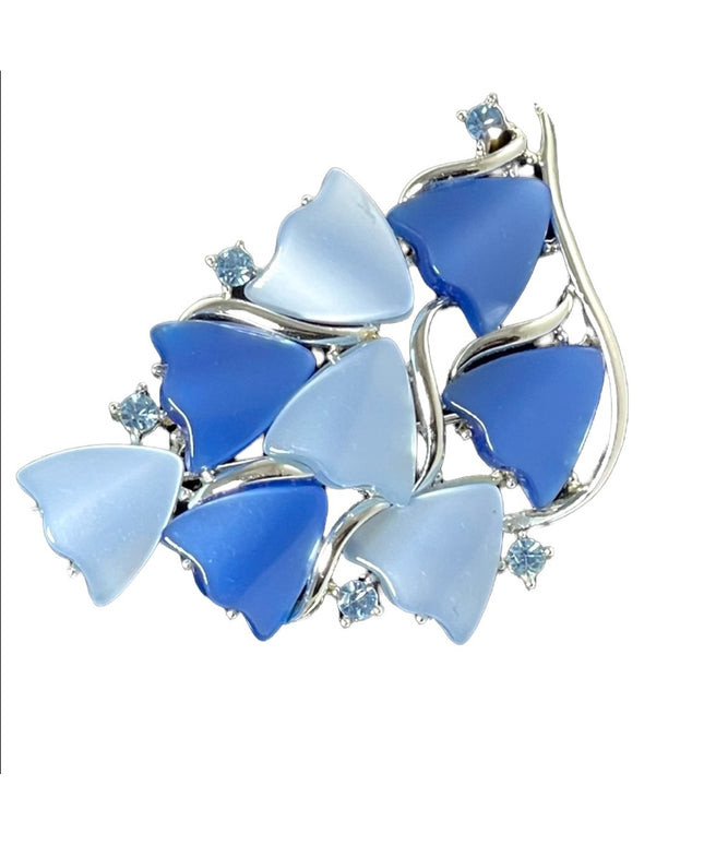 Vintage 1960s fancy blue thermoset plastic & crystal brooch silver finish CORO
