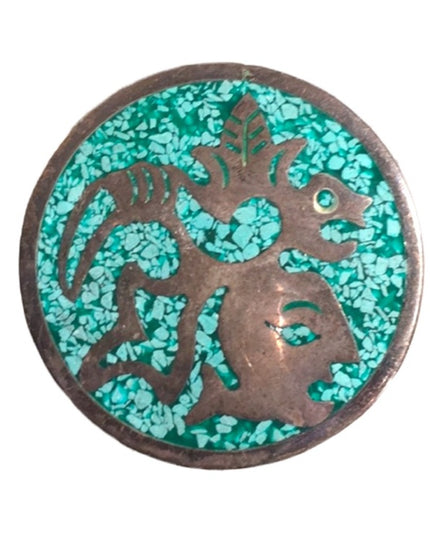 Vintage Silver Fancy mexico brooch mosaic turquois chips aztec