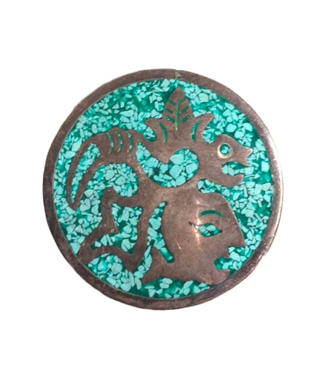Vintage Silver Fancy mexico brooch mosaic turquois chips aztec