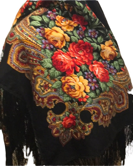 Vintage Flower wrap scarf fringe Hippie Boho