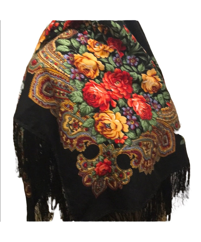 Vintage Flower wrap scarf fringe Hippie Boho