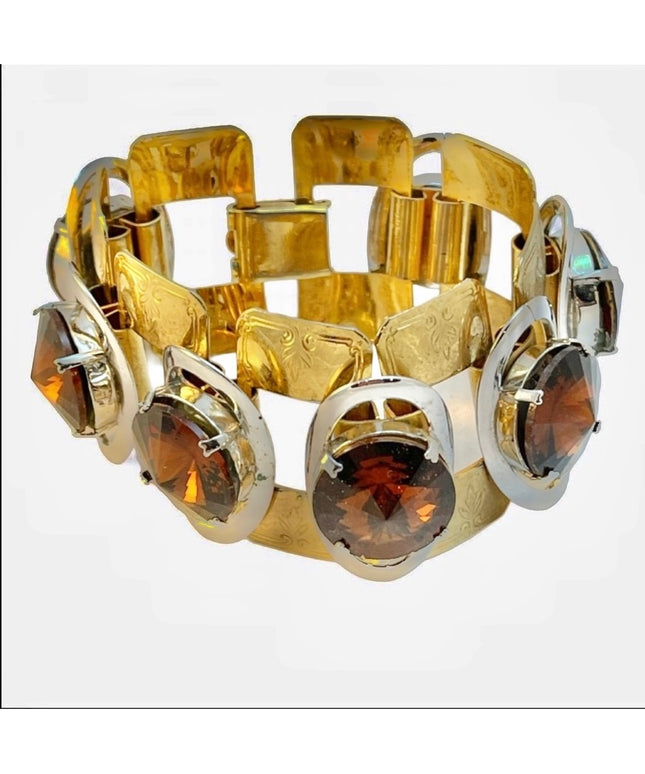 Vintage c1960s gold chunky honey amber crystal bracelet topaz color
