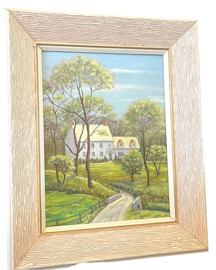 Vintage 1980s House painting Oil on masonite signed wood ornate frame