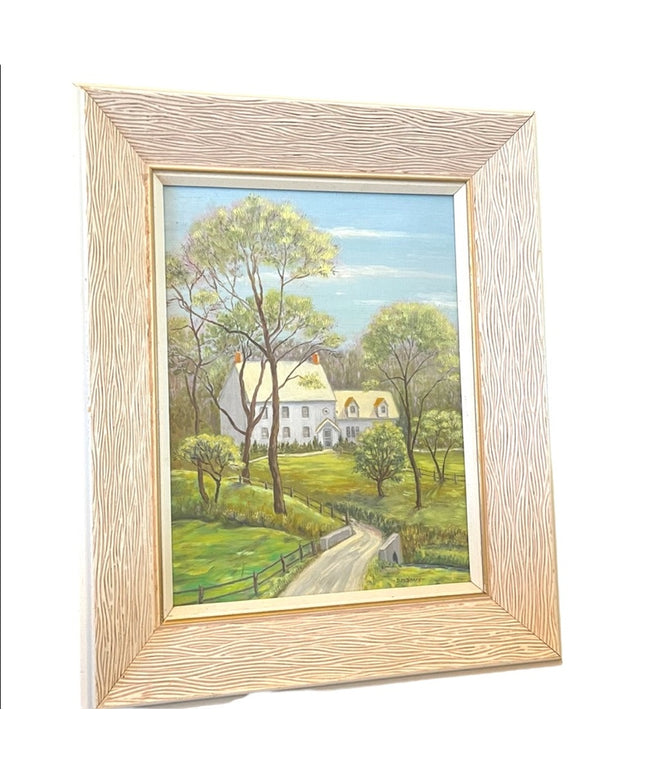 Vintage 1980s House painting Oil on masonite signed wood ornate frame