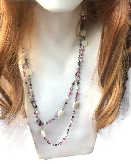 52” glass bead necklace hearts pastels vintage