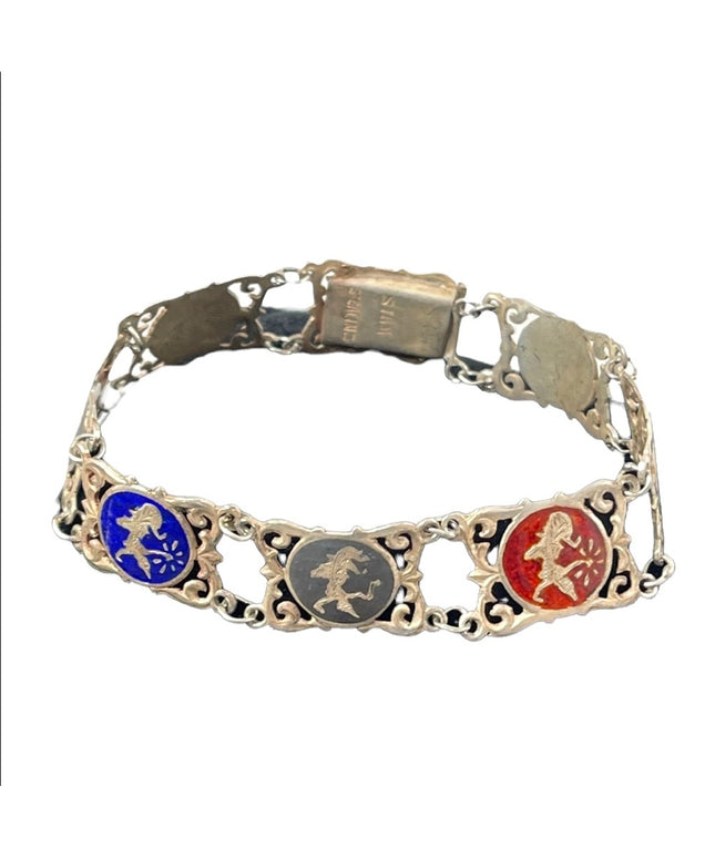 Vintage Siam Sterling multicolor enamel link bracelet 1940s goddess