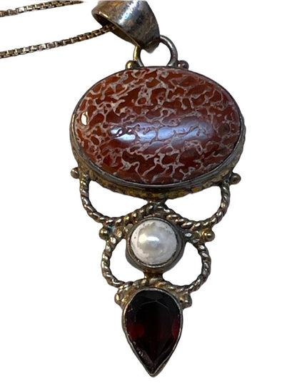 Vintage sterling  silver garnet pearl  pendant necklace & pendsnt