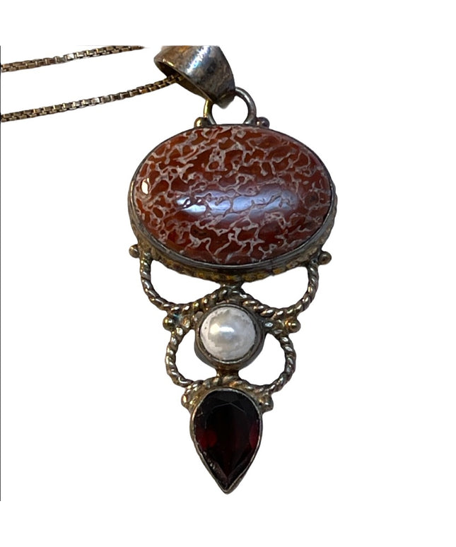 Vintage sterling  silver garnet pearl  pendant necklace & pendsnt