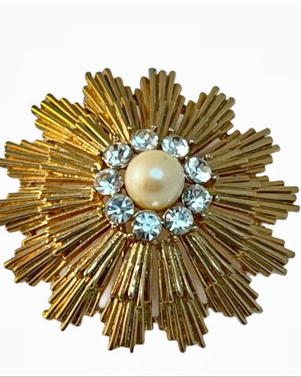 Vintage gold tone rhinestone pearl flower brooch starburst