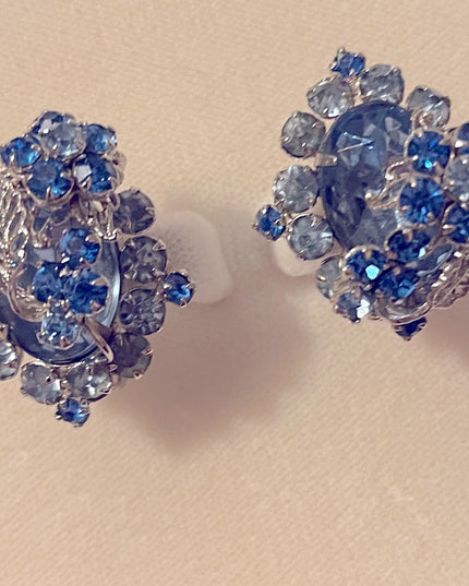 - Vintage Blue crystal silver finish fancy clipmon earrings