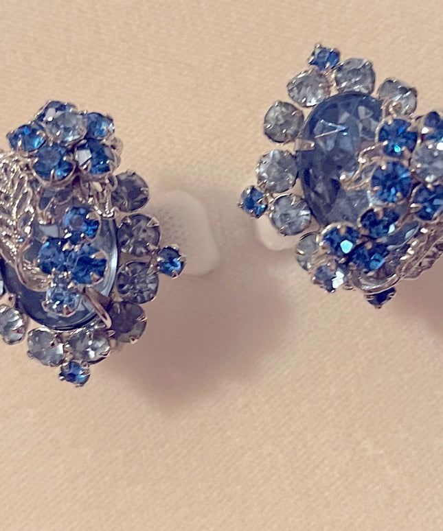 - Vintage Blue crystal silver finish fancy clipmon earrings