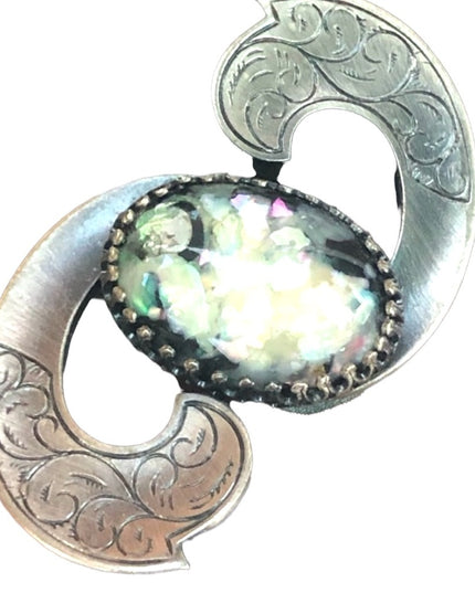 Vintage pewter & lucite etched scarf brooch