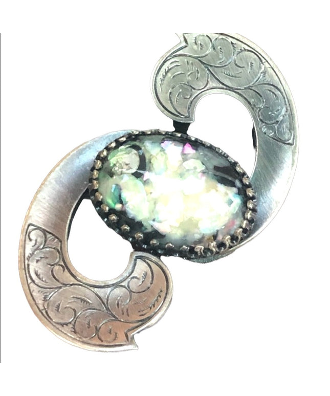 Vintage pewter & lucite etched scarf brooch
