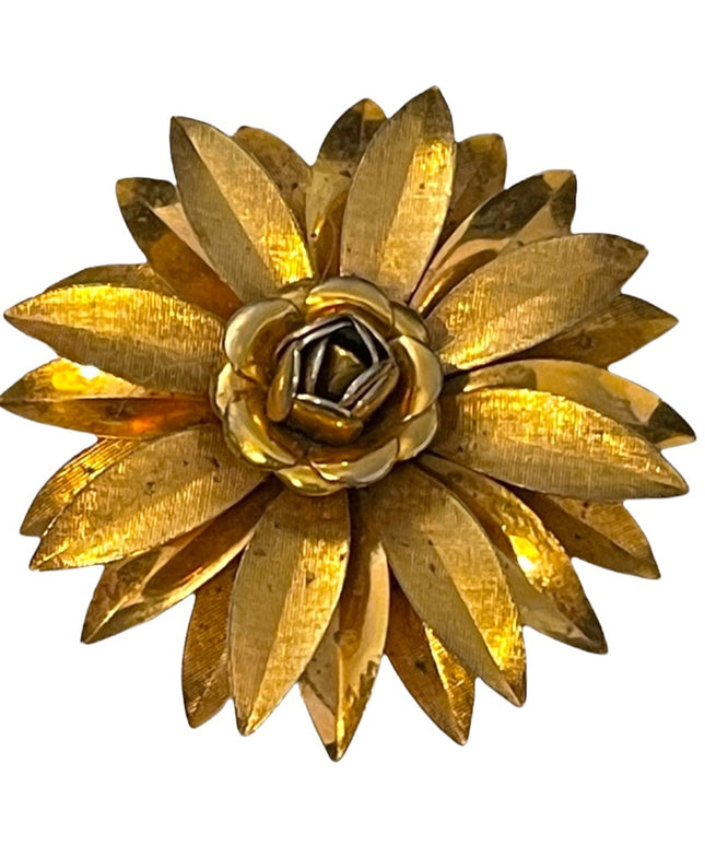 Vintage gold finish fancy metal flower brooch